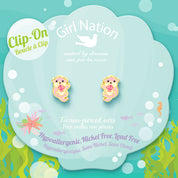 Otter charm clip-on earrings on Girl Nation display card, hypoallergenic and nickel-free