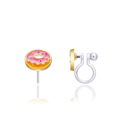 Sweet Very Berry Donut clip-on earrings for kids, designed with a stay-on secure clip and a pain-free, comfortable fit.