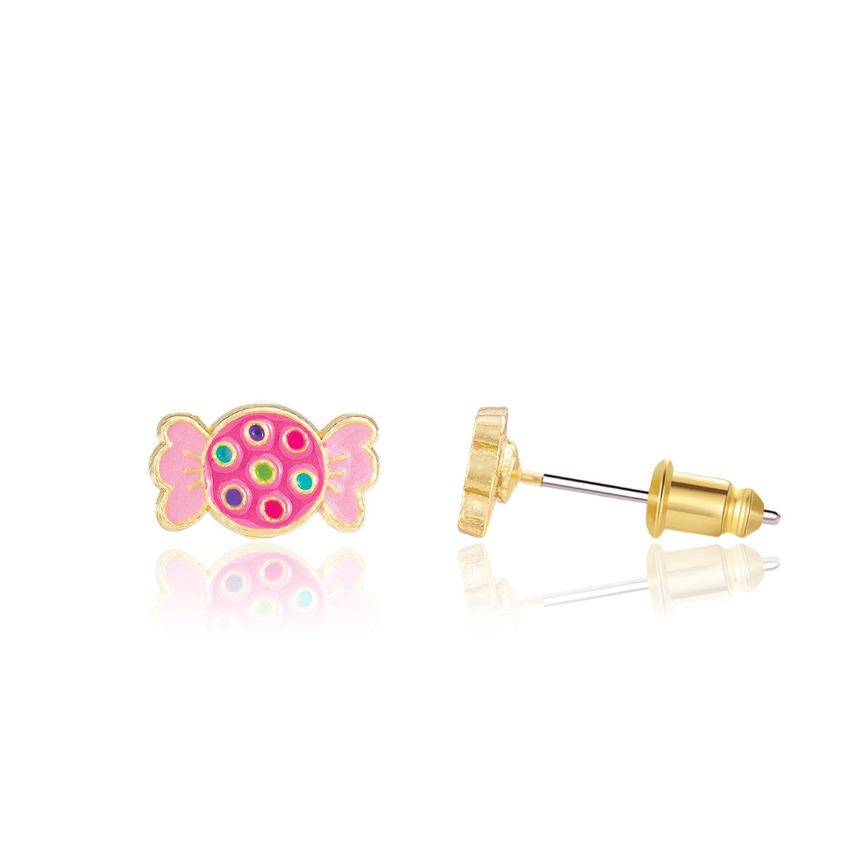Detailed view of the Sweet Treats triple earring set with vibrant cupcake, candy, and chocolate donut studs in a premium Girl Nation box. High-quality children's jewelry combining sweet charm with durable, non-toxic materials.