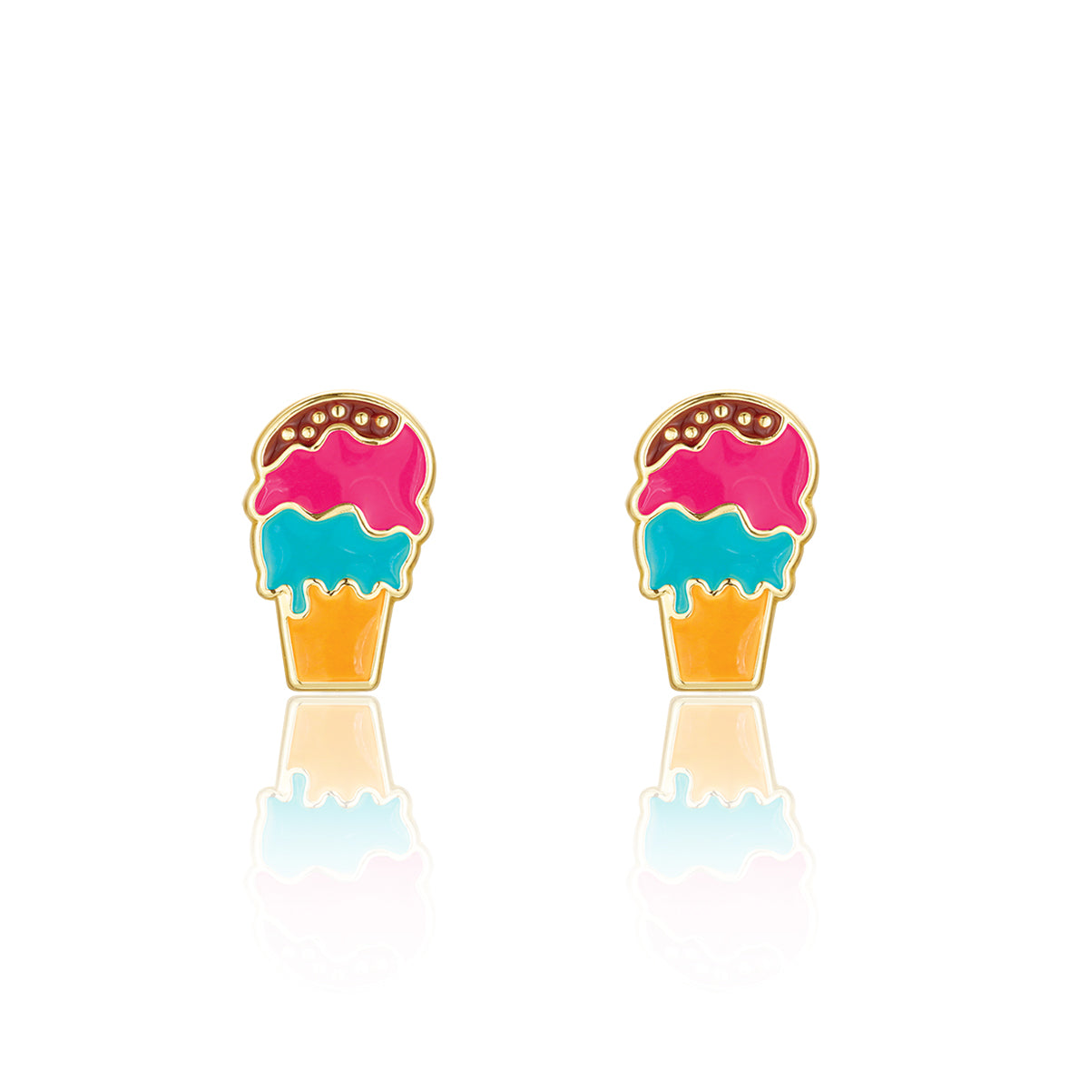 Safe and nickel-free triple stud earring set for girls with sensitive ears, featuring three pairs of hand-painted enamel ice cream designs. Delivered in a signature pink gift box perfect for granddaughters and nieces celebrating summer break.
