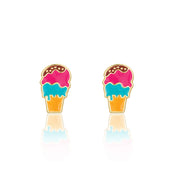 Safe and nickel-free triple stud earring set for girls with sensitive ears, featuring three pairs of hand-painted enamel ice cream designs. Delivered in a signature pink gift box perfect for granddaughters and nieces celebrating summer break.
