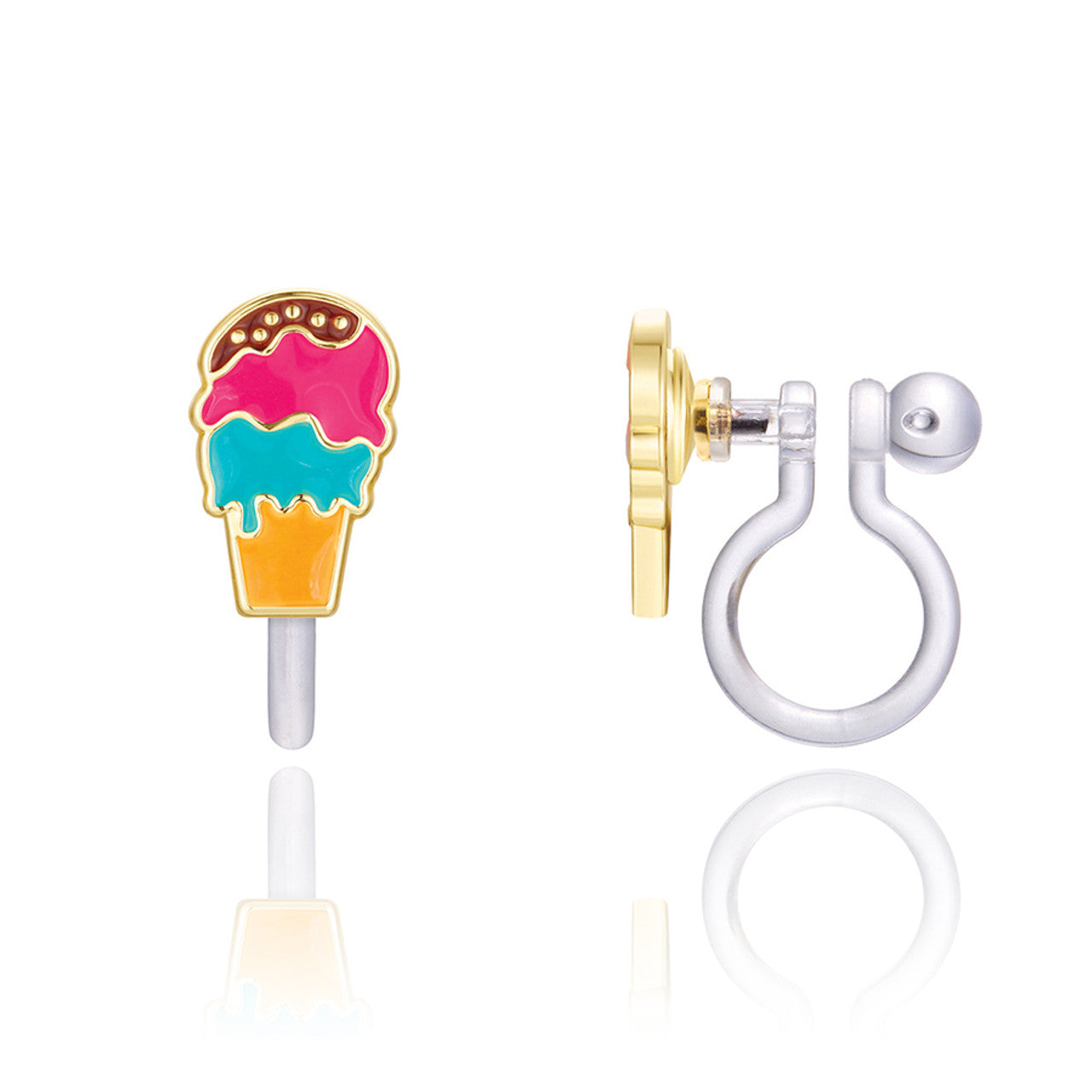Fun Triple Scoop ice cream clip-on earrings for girls, featuring a secure stay-on clip and a skin-safe, hypoallergenic design for unpierced ears.