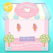 Detailed shot of the swirl ice cream design and the gentle-pressure clip back, providing a safe and stylish jewelry choice for young girls.