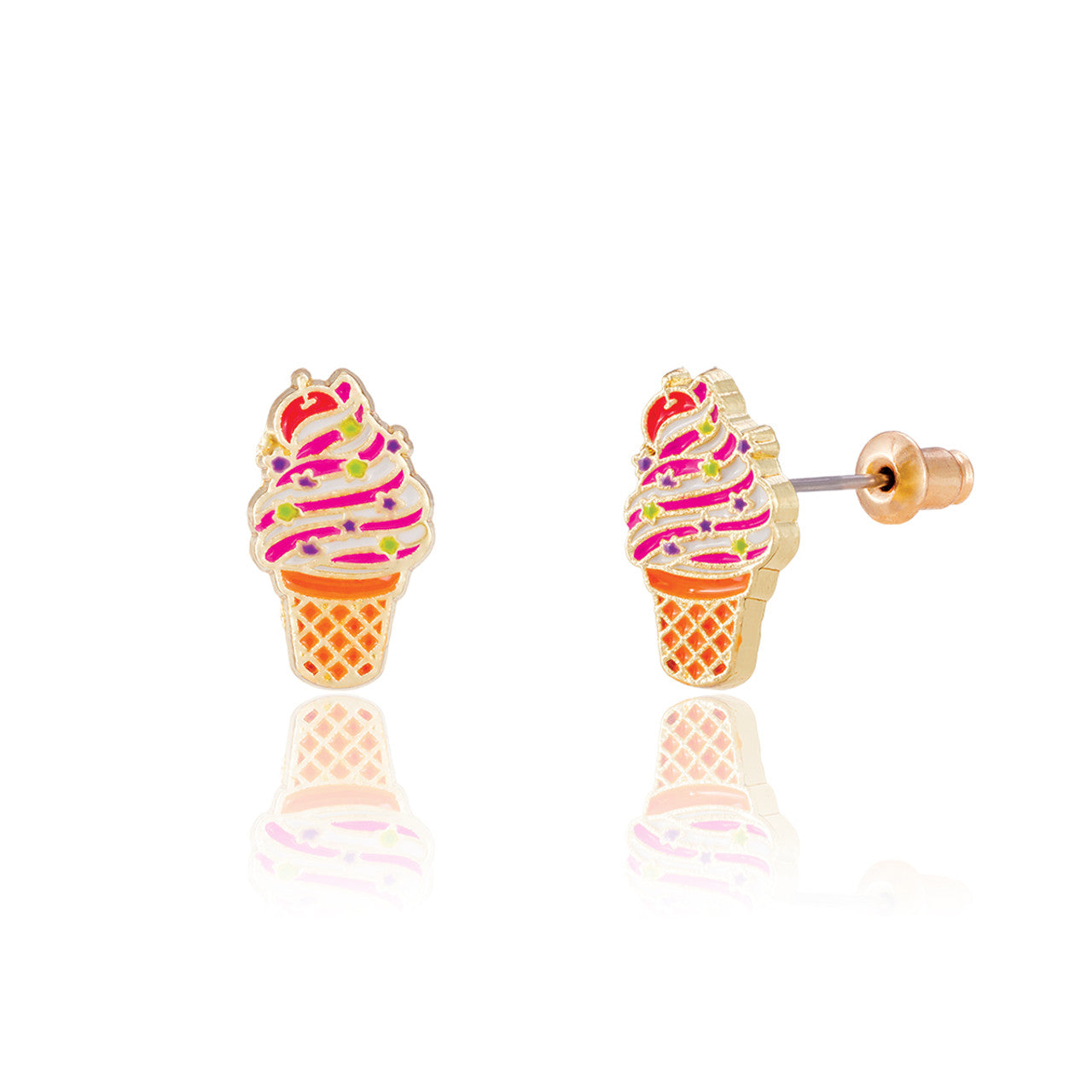 Sweet Soft Serve Swirl ice cream stud earrings for kids, an ideal summer holiday gift for your daughter. Featuring hypoallergenic surgical steel and a secure safety back for sensitive ears.