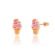 Sweet Soft Serve Swirl ice cream stud earrings for kids, an ideal summer holiday gift for your daughter. Featuring hypoallergenic surgical steel and a secure safety back for sensitive ears.