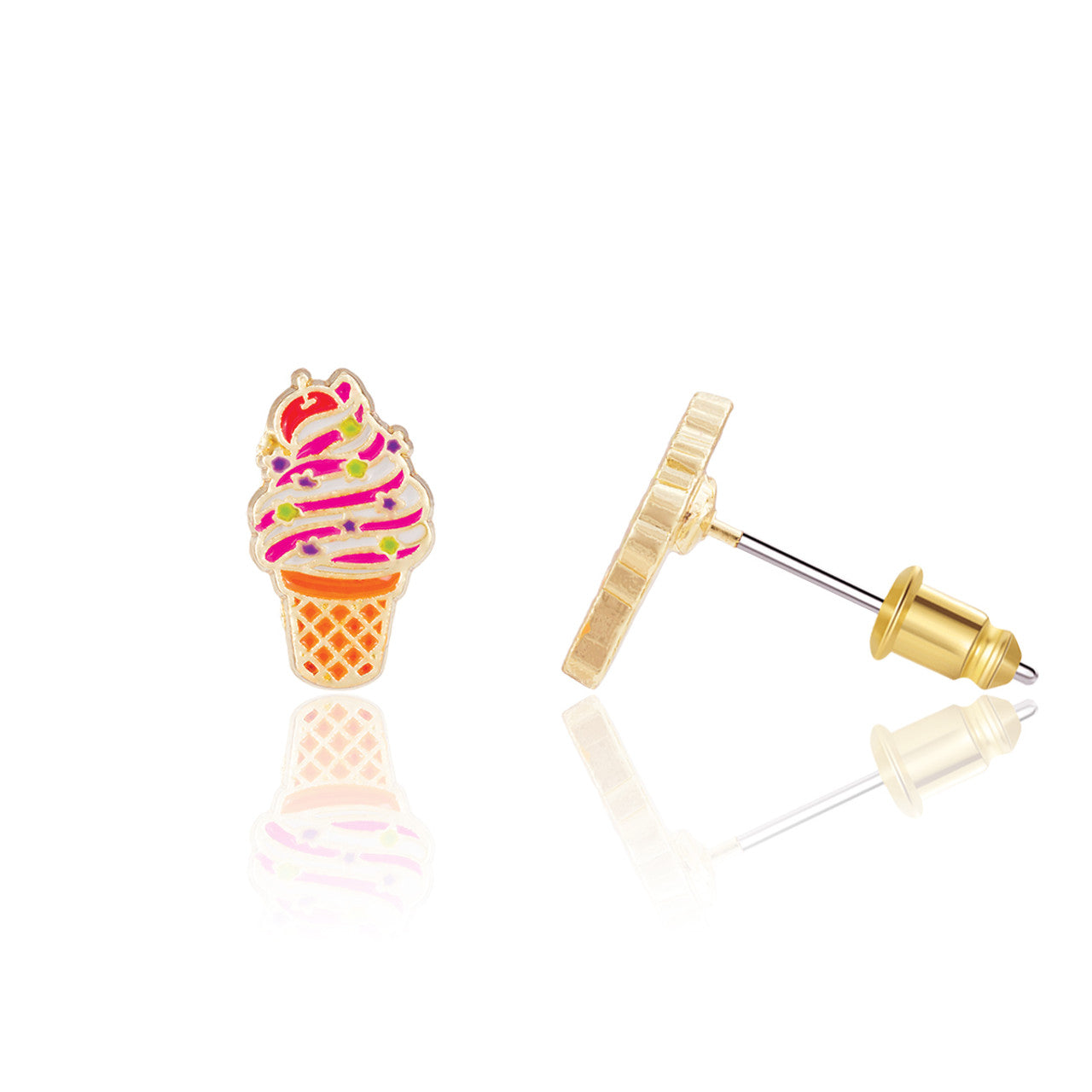 Sweet Soft Serve Swirl ice cream stud earrings for kids, an ideal summer holiday gift for your daughter. Featuring hypoallergenic surgical steel and a secure safety back for sensitive ears.