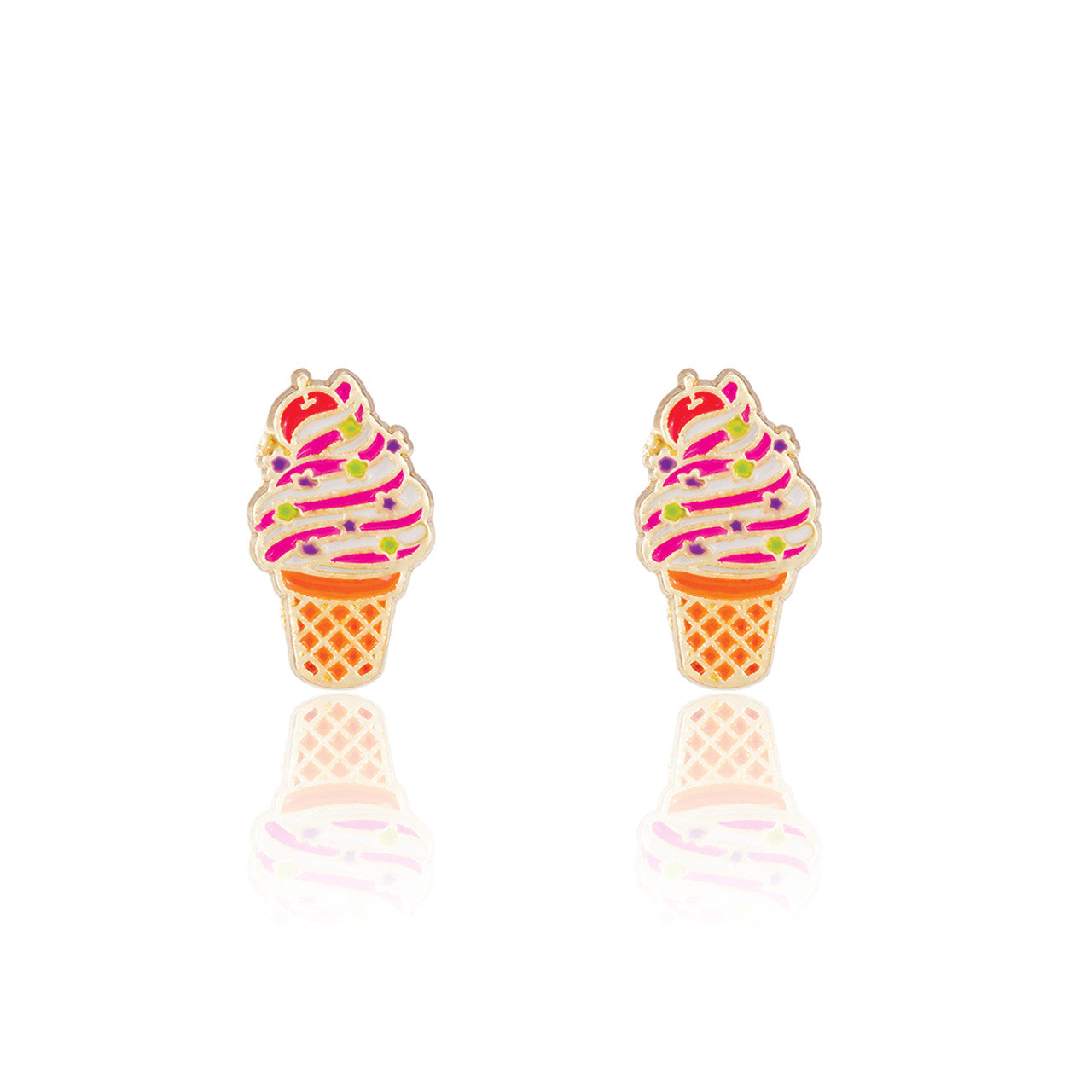Sweet Soft Serve Swirl ice cream stud earrings for kids, an ideal summer holiday gift for your daughter. Featuring hypoallergenic surgical steel and a secure safety back for sensitive ears.