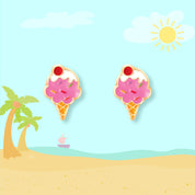 Detailed shot of the colorful ice cream studs with a protective safety back. Family-approved and nickel-free, ensuring a comfortable fit for everyday play and school.