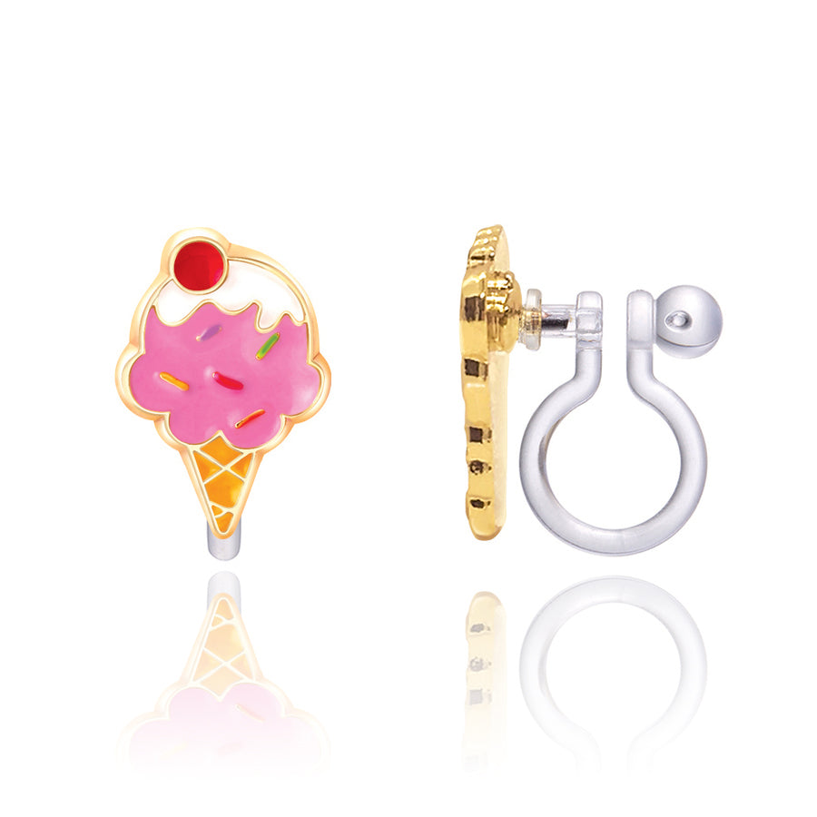 igh-quality children's jewelry featuring non-toxic and lead-free clip on earrings for safe daily wear. Three pairs of hand-painted enamel dessert charms designed for comfort and whimsical style.