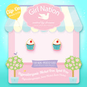 Macro view of the cupcake design and the secure-clasp back, ensuring a comfortable and stay-on jewelry experience for children.