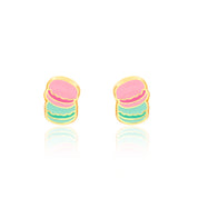 Pink and mint macaron stud earrings with hand-painted enamel detail, pair view
