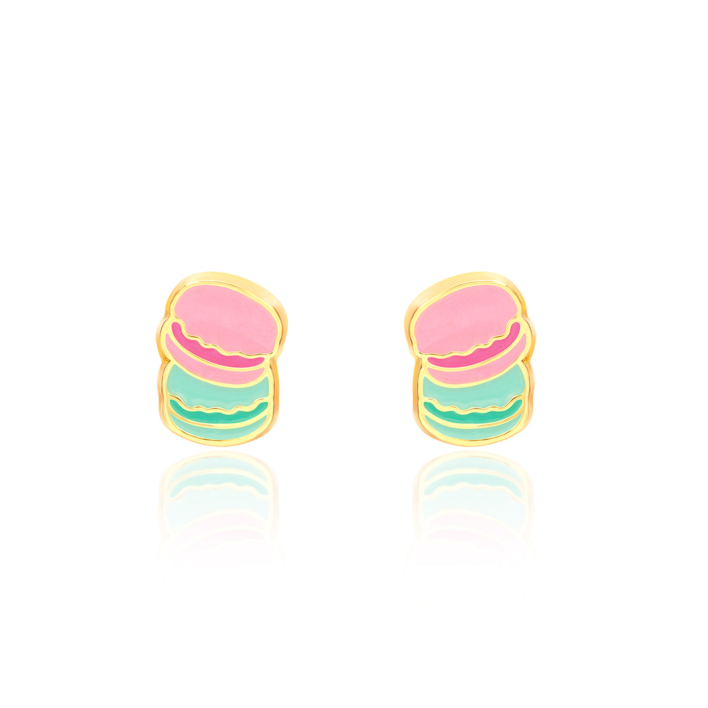Pink and mint macaron stud earrings with hand-painted enamel detail, pair view