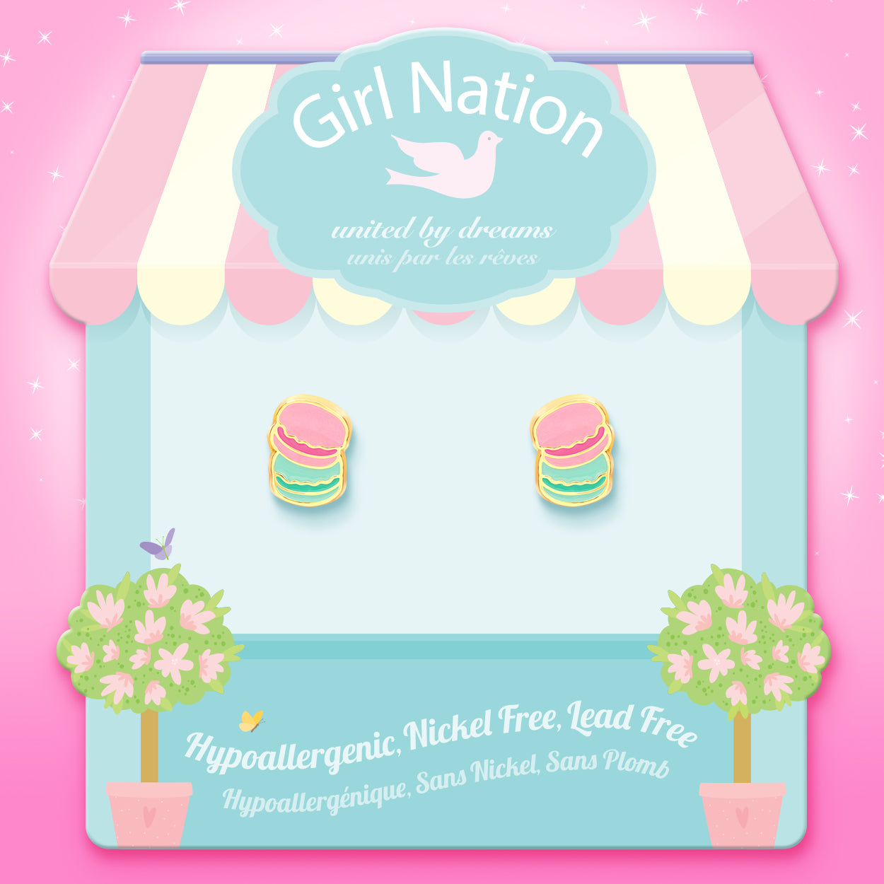Girl Nation Canada hand-wrapped packaging for kids' macaron stud earrings