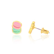 Pink and mint macaron stud earrings with hand-painted enamel detail, pair view