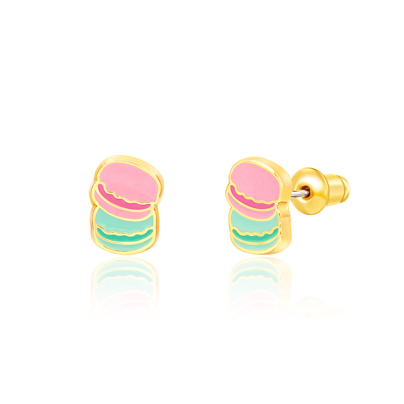 Pink and mint macaron stud earrings with hand-painted enamel detail, pair view