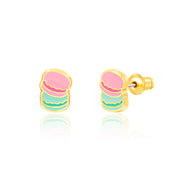 Pink and mint macaron stud earrings with hand-painted enamel detail, pair view