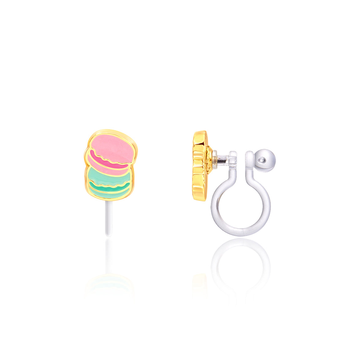 Pink and mint macaron charm clip-on earrings with transparent silicone clip, front and side view