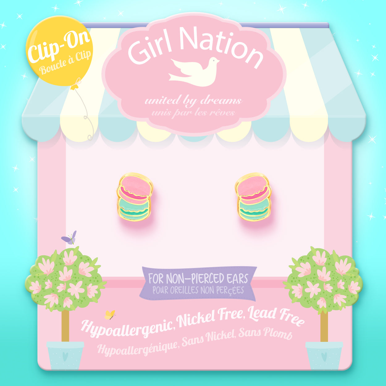  Macaron clip-on earrings on Girl Nation display card, hypoallergenic and nickel-free