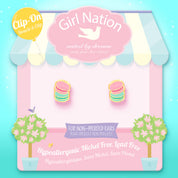  Macaron clip-on earrings on Girl Nation display card, hypoallergenic and nickel-free