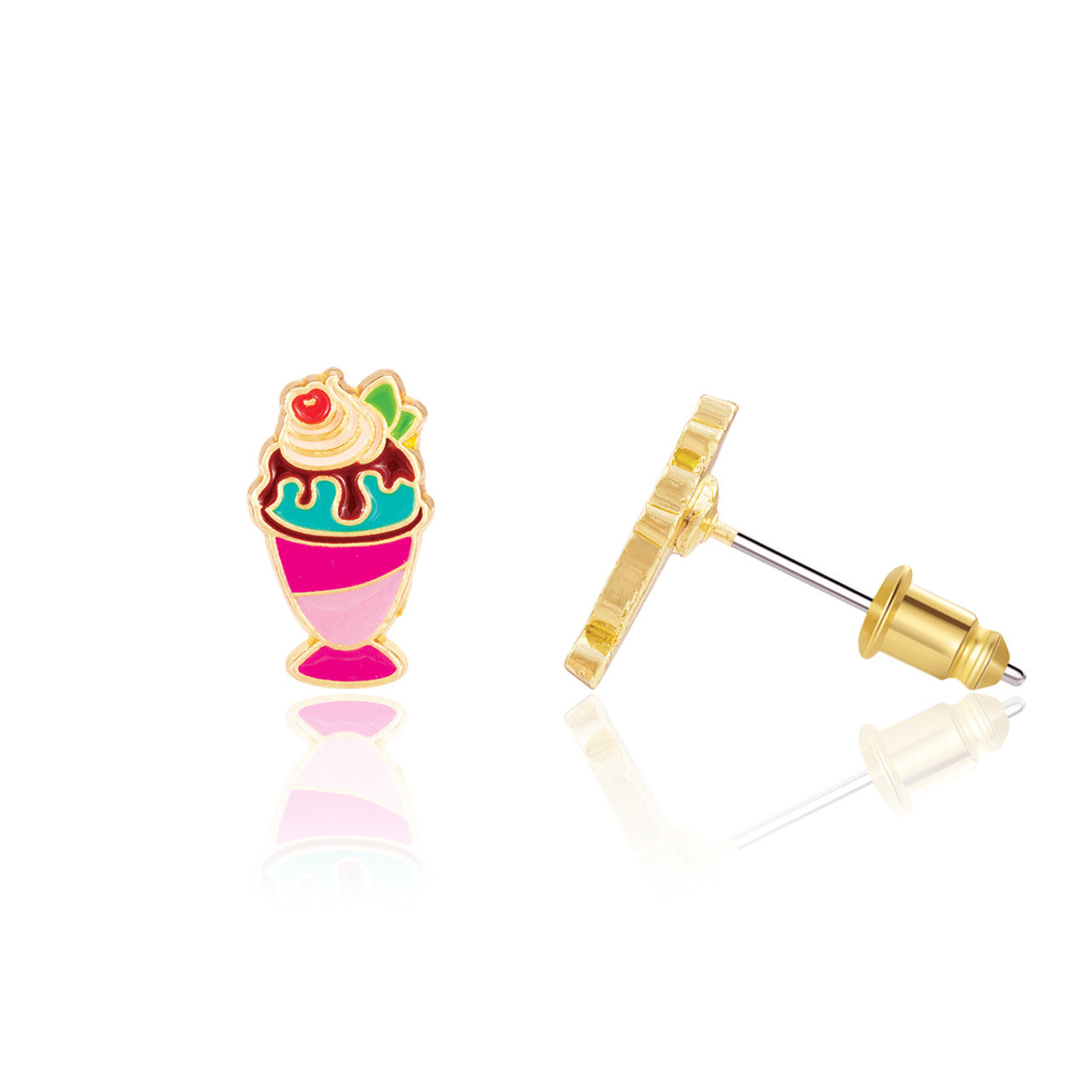 Sweet Sundae Supreme dessert stud earrings for kids, an ideal birthday gift for your niece. Featuring hypoallergenic surgical steel and a secure safety back for sensitive ears.