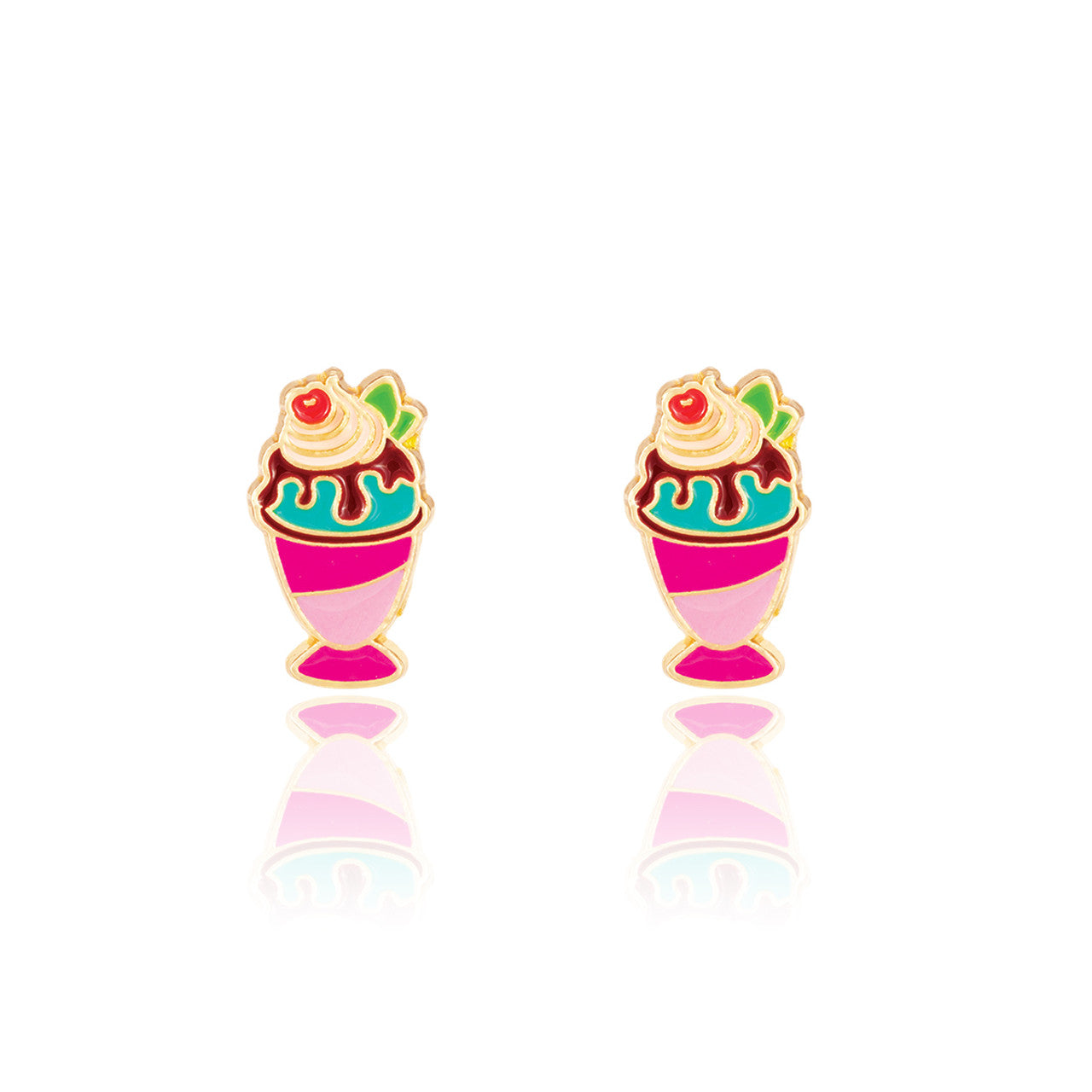Sweet Sundae Supreme dessert stud earrings for kids, an ideal birthday gift for your niece. Featuring hypoallergenic surgical steel and a secure safety back for sensitive ears.