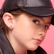 Detailed shot of the sundae studs with a protective safety back. A skin-safe, family-approved jewelry gift that is durable for school and all-day play.