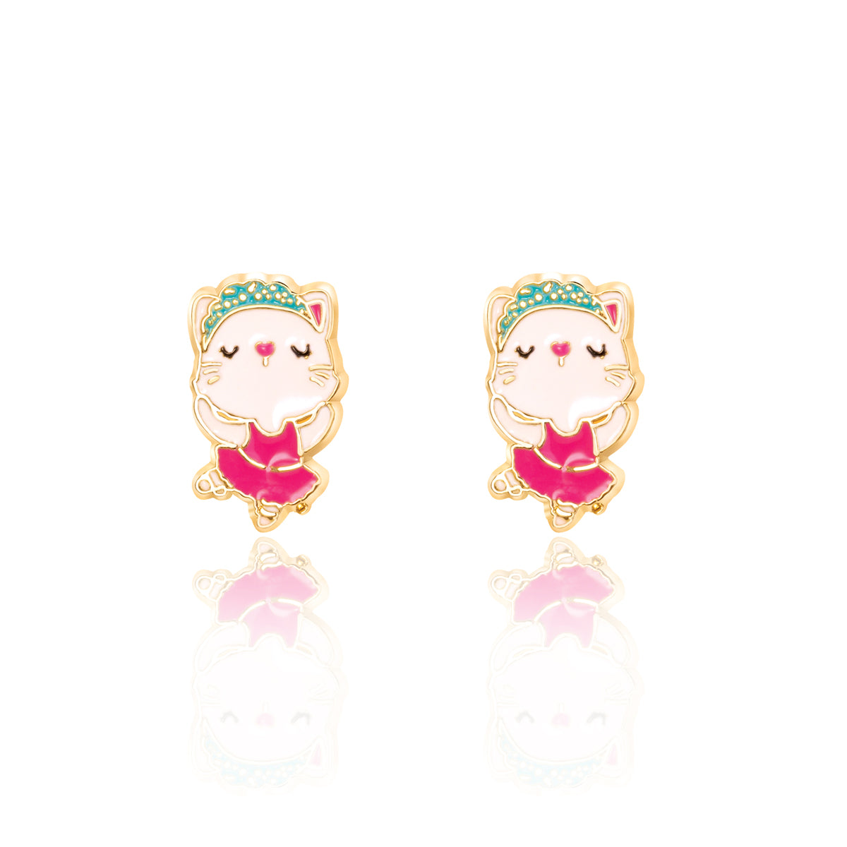 Graceful Kitty Ballerina stud earrings for girls, designed with 316L surgical steel and a protective safety back. A cherished gift-ready piece for young dancers.