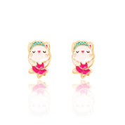 Graceful Kitty Ballerina stud earrings for girls, designed with 316L surgical steel and a protective safety back. A cherished gift-ready piece for young dancers.