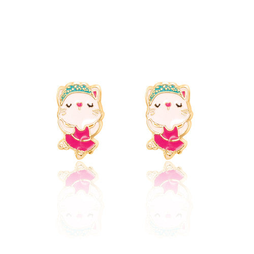 Graceful Kitty Ballerina stud earrings for girls, designed with 316L surgical steel and a protective safety back. A cherished gift-ready piece for young dancers.