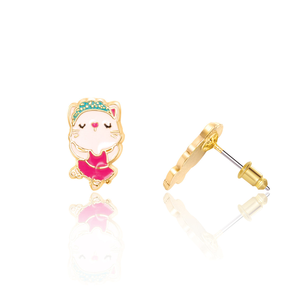 Graceful Kitty Ballerina stud earrings for girls, designed with 316L surgical steel and a protective safety back. A cherished gift-ready piece for young dancers.