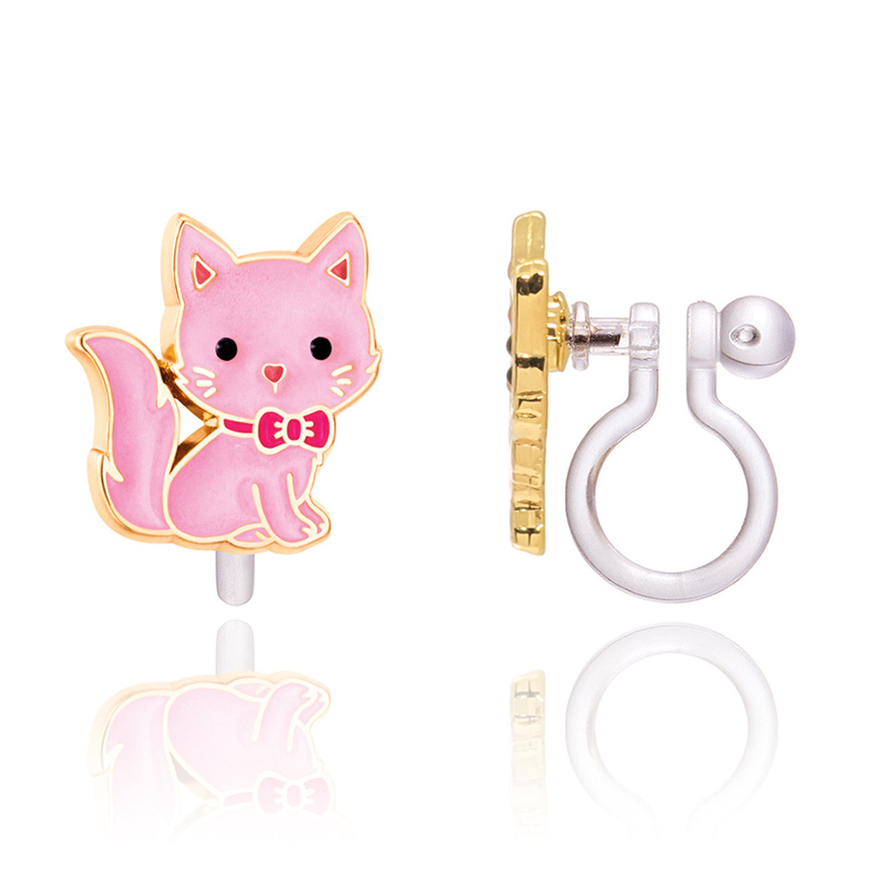Adorable Pink Kitty clip-on earrings for girls, made with tarnish-resistant and skin-safe materials. A sweet and hypoallergenic gift-ready option for sensitive ears