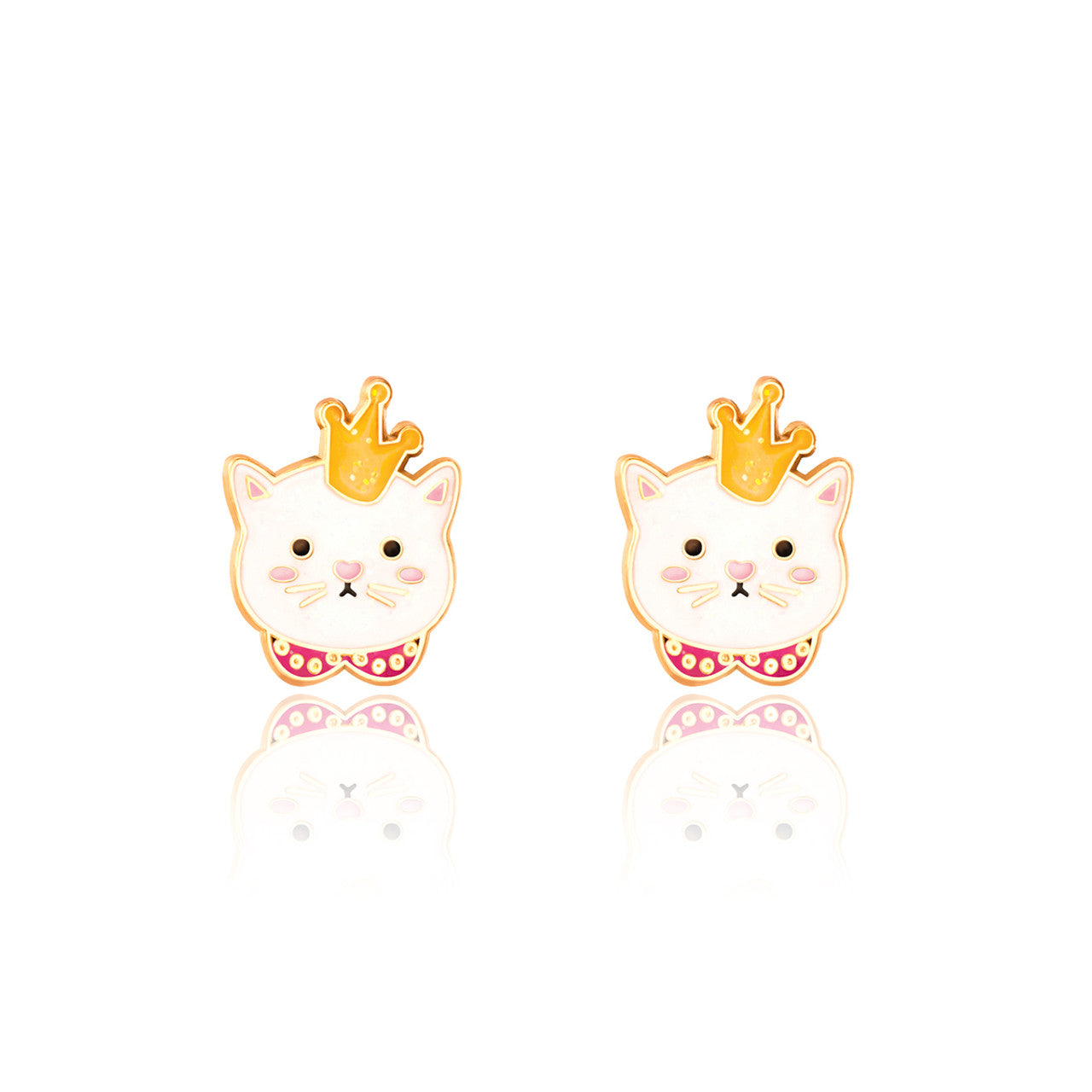 Royal Kitty Princess cat stud earrings for girls, made with nickel-free surgical steel. A beautiful and safe jewelry gift for granddaughters who love sparkle and comfort.