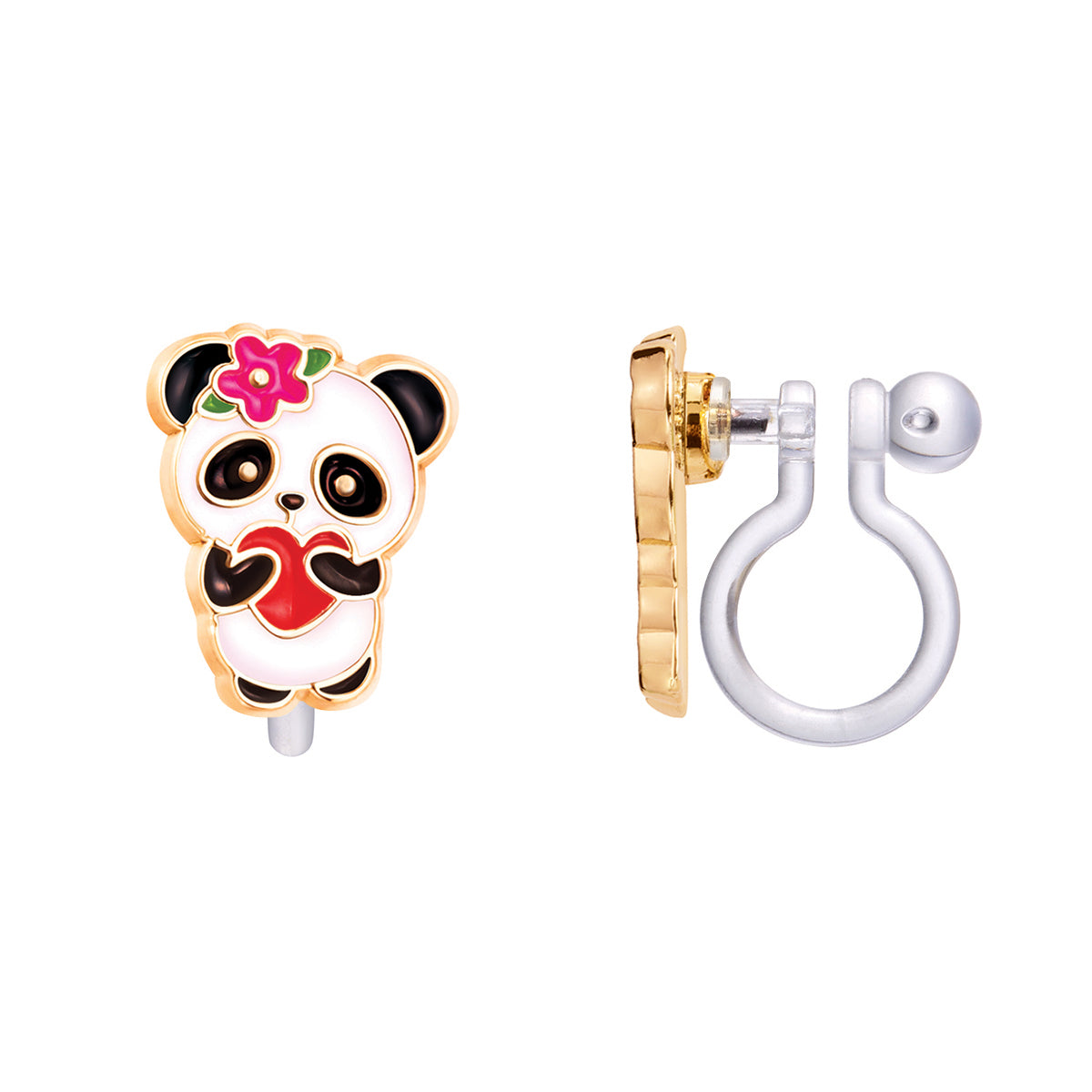 Sweet Panda Bear clip-on earrings for kids, featuring a stay-on secure clip and a hypoallergenic design. A fun and safe jewelry gift for sensitive ears.