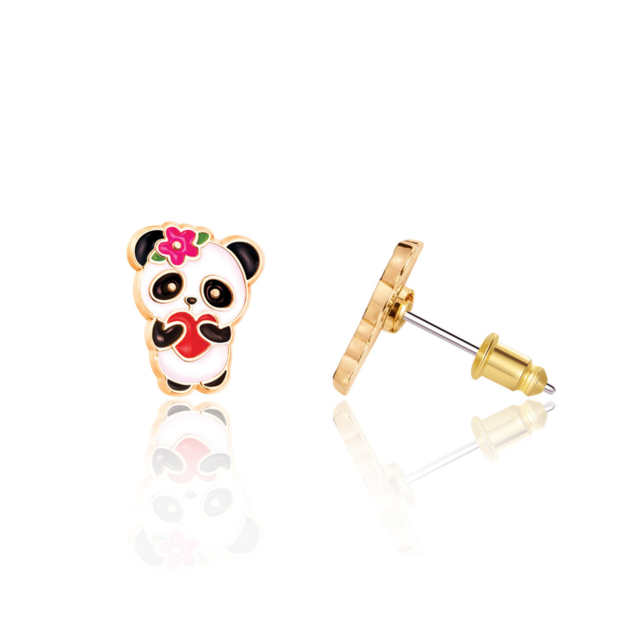 Sweet Panda bear stud earrings for kids, featuring a pain-free safety back and hypoallergenic surgical steel. A delightful and safe gift for your granddaughter's jewelry collection.