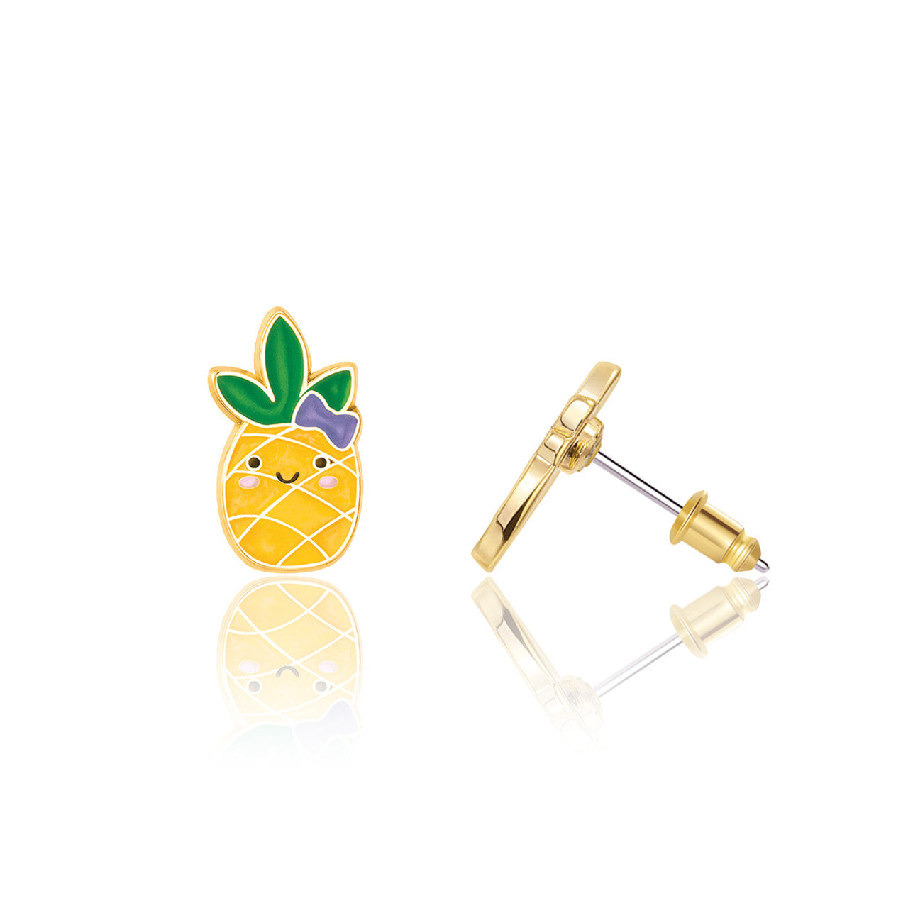 Tropical Pineapple fruit stud earrings for kids, featuring a hypoallergenic surgical steel post and a secure safety back. A trendy and safe gift for girls with unpierced ears.