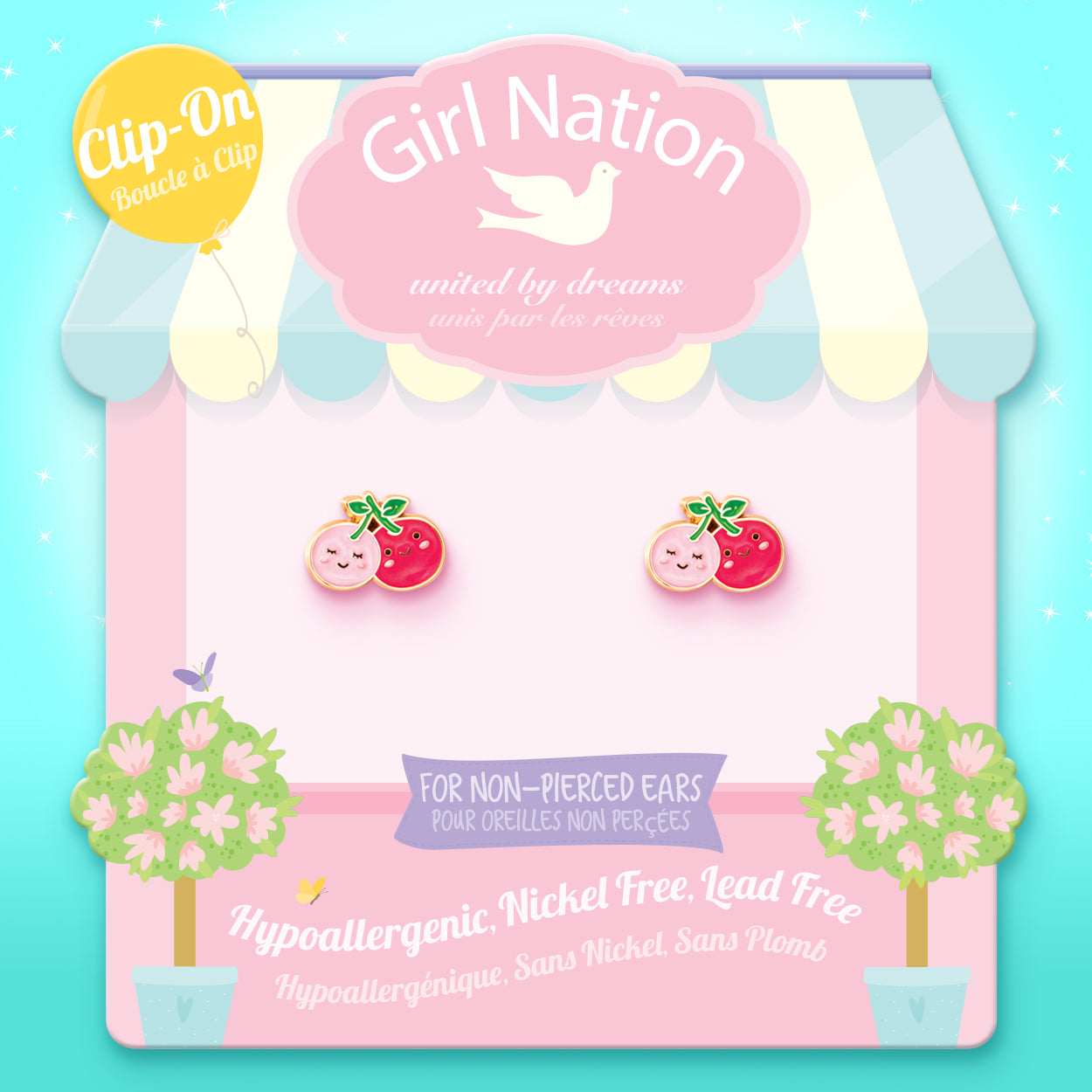 Close-up of the cherry design with a soft-touch clip back, ensuring a comfortable and irritation-free jewelry experience for young children.