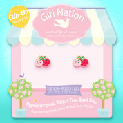 Close-up of the cherry design with a soft-touch clip back, ensuring a comfortable and irritation-free jewelry experience for young children.