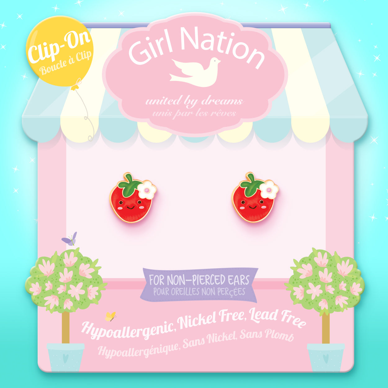 Detailed shot of the strawberry design with a secure, non-pierced clip back. A comfortable and skin-safe jewelry gift option for sensitive children.