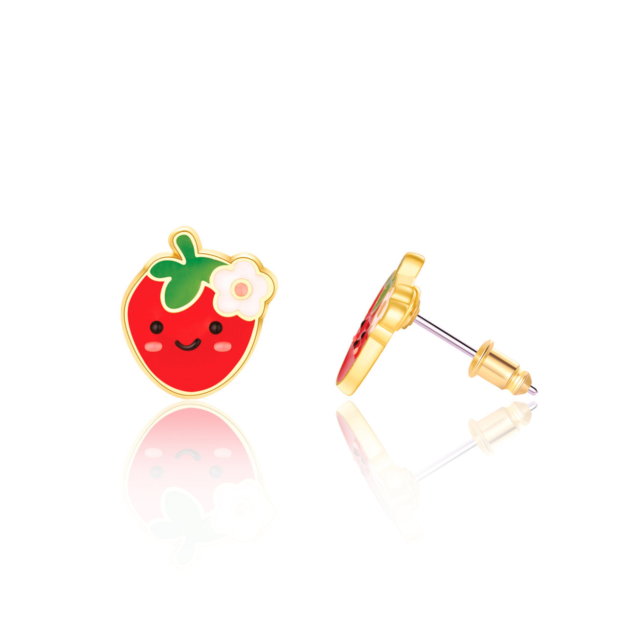 Sweet Strawberry "You're Berry Cute" stud earrings for kids, an ideal Holiday or Birthday gift. Featuring hypoallergenic surgical steel and a secure safety back for sensitive ears.