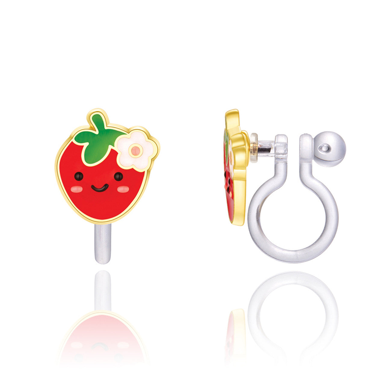 Cute Red Strawberry clip-on earrings for kids, featuring a pain-free and hypoallergenic design. A perfect fruit-themed jewelry gift for girls with unpierced ears.