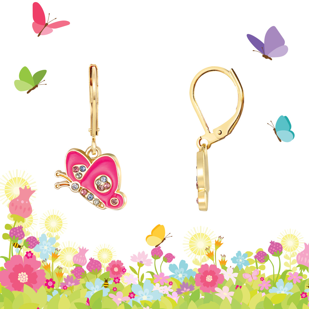 Detailed view of the butterfly leverbacks. Safety-certified and nickel-free, providing high-end style at a great price. Perfect for your daughter's sensitive ears.