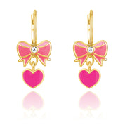 Sweet Pink Heart and Bow leverback earrings for girls, an ideal birthday gift. Secure leverback design keeps them safe and comfortable for your daughter all day long.18K gold plating.