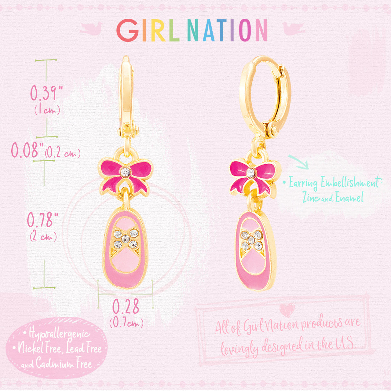 Adorable Ballet Shoe necklace and huggie hoop earring gift set for girls, beautifully boxed and made with hypoallergenic materials.