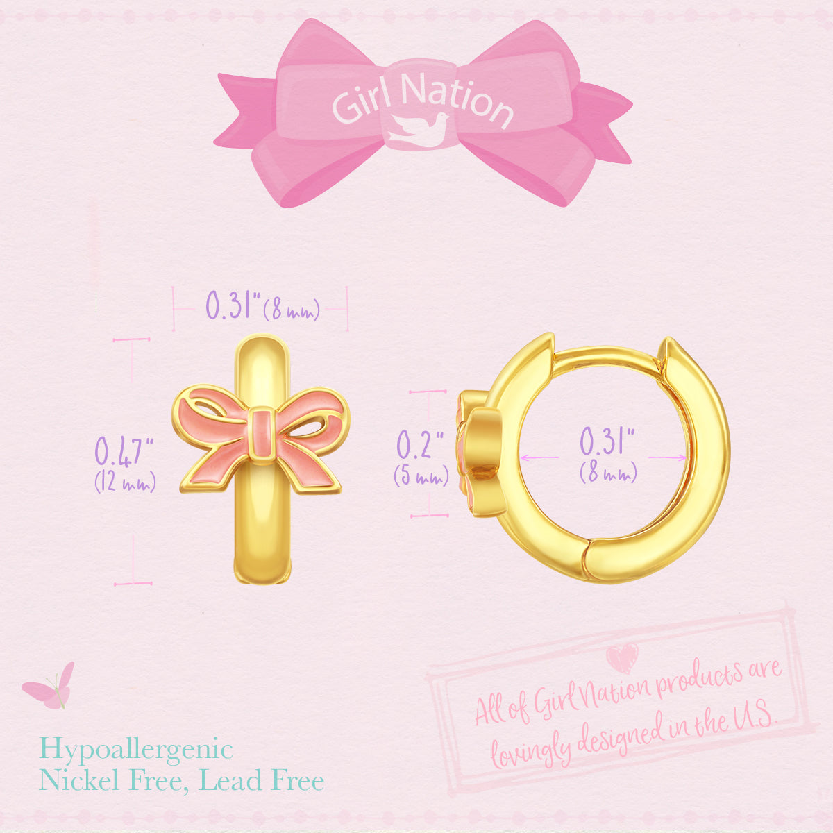 Macro view of the pink bow huggies. High-end 18K gold plating at an affordable price, safety-certified for sensitive ears. A beautiful and safe jewelry gift for your daughter.