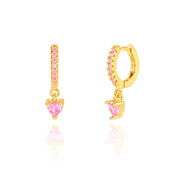 18K gold plated huggie earrings with pink CZ heart charm, pair view