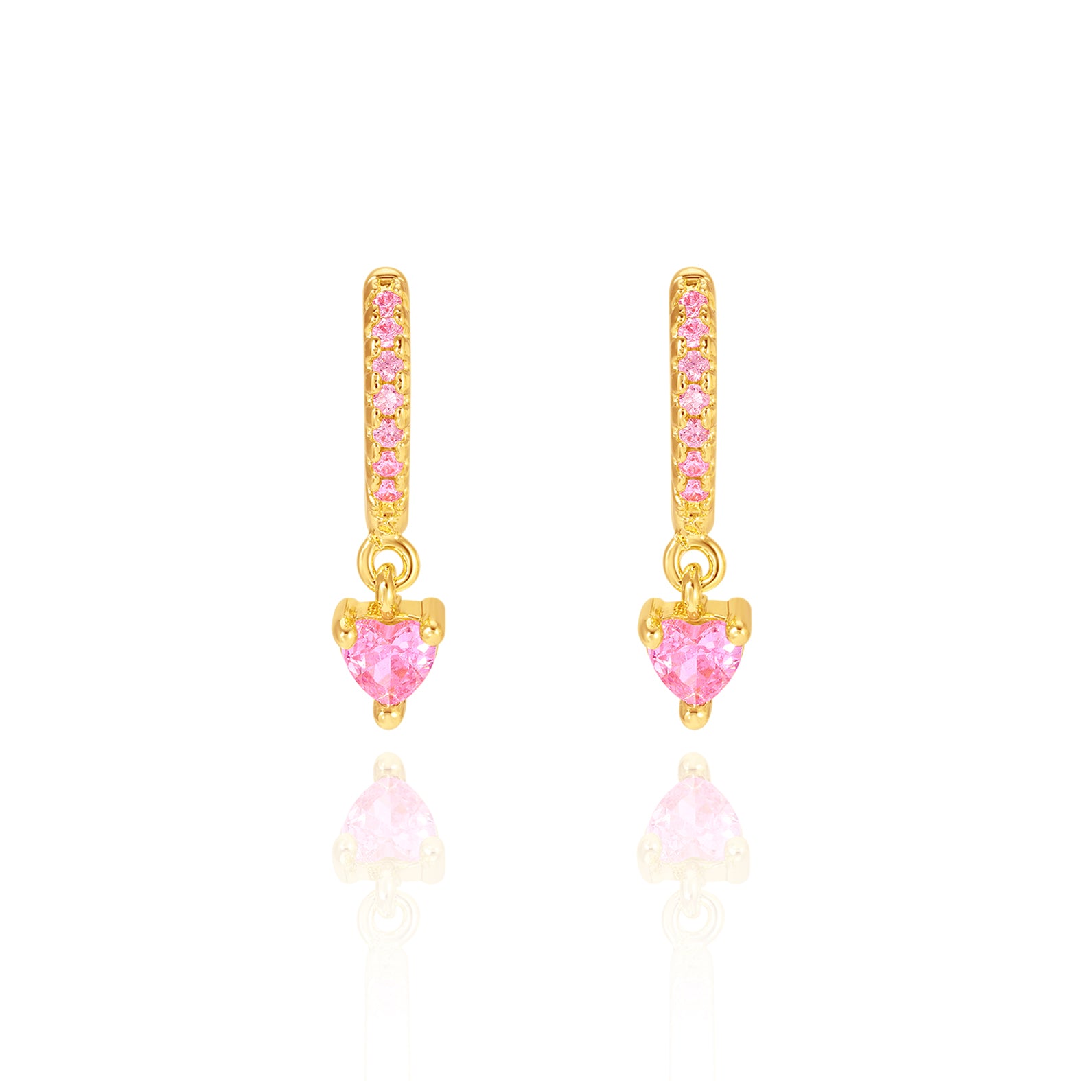 18K gold plated huggie earrings with pink CZ heart charm, pair view