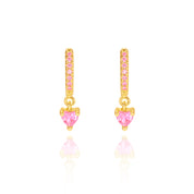 18K gold plated huggie earrings with pink CZ heart charm, pair view