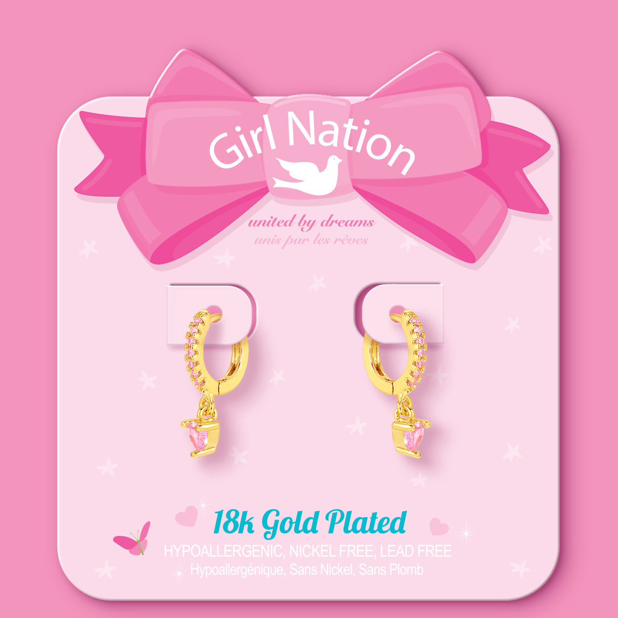 Pink heart charm huggie earrings on Girl Nation display card, hypoallergenic and nickel-free