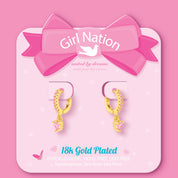 Pink heart charm huggie earrings on Girl Nation display card, hypoallergenic and nickel-free