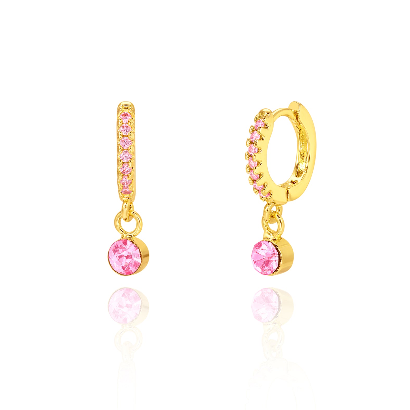 18K gold plated huggie earrings with round pink CZ solitaire drop, pair view